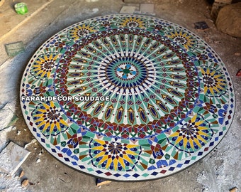 46” Moroccan Mosaic Table Handmade , Handcrafted Round Moroccan Outdoor/ Indoor Mosaic , Mosaic Table, Multi-Color .