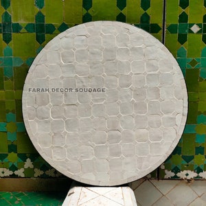 Bistro table made of mosaic - Handmade Moroccan Mosaic Table - All white Tile Color - Round Moroccan garden table .