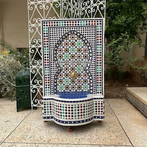 Mosaic Tile Fountain, Moorish Tile Fountain Artwork, Brass plated Fountain, Fountain for Outdoor Indoor, Moroccan Decor Garden .