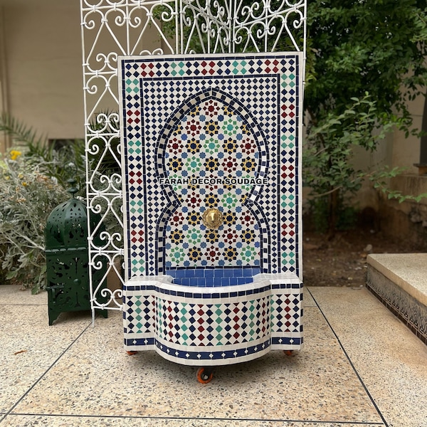 Mosaik FliesenFontäne, Maurische Fliese Brunnen Kunstwerk, Messing vergoldete Brunnen, Brunnen für Outdoor Indoor, Marokkanische Deko Garten.