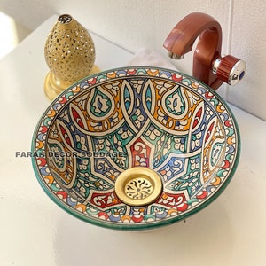 Moroccan Ceramic sink - handmade bathroom vessel sink - Moroccan Pottery washbasin - Ceramic sink - FREE BRASS DRAIN.