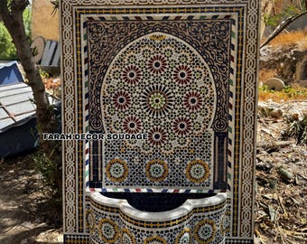 Large Moroccan Mosaic Tile Fountain: Handmade Garden Art, 87”/ 52”