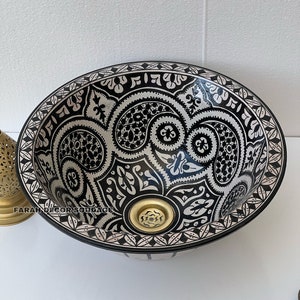 Black and white Sink Washbasin Wash Basin Ceramic Handmade Hand Painted -  Moroccan Pottery washbasin - Ceramic Sink