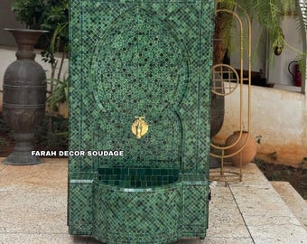 Handmade Moroccan Tile Wall Fountain: Rustic Green Mosaic, Mid-Century Garden Decor