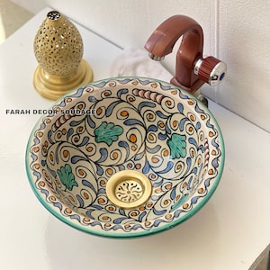 Hand-Painted Moroccan Ceramic Sink: Colorful Floral Washbasin
