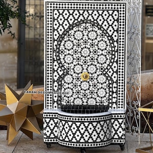 Black & White Wall Mosaic Water Fountain for Garden - Outdoor Zellige Fountain - Handmade Moroccan Fountain Water Feature