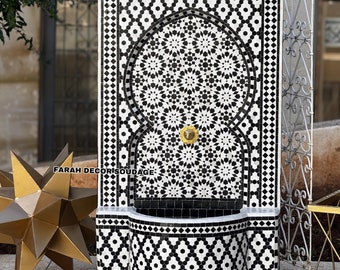Black & White Wall Mosaic Water Fountain for Garden - Outdoor Zellige Fountain - Handmade Moroccan Fountain Water Feature