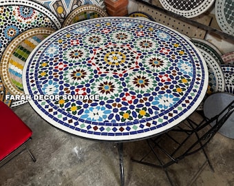 Moroccan Mosaic Table Handmade , Handcrafted Round Moroccan Outdoor/ Indoor Mosaic , Mosaic Table Multi-Color