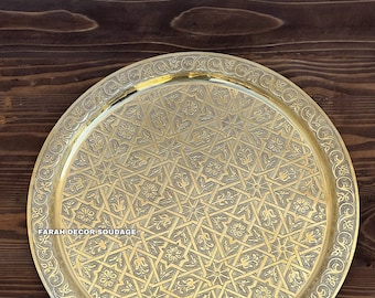 Moroccan Brass Tea Tray | Handmade Engraved Serving Tray | Round Tea Serving Plate | Moorish Decor
