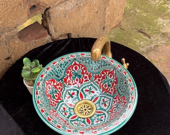 Moroccan Ceramic Sink - Custom Floral Washbasin - Handmade Minimal Ceramic Basin with Brass Drain Included .