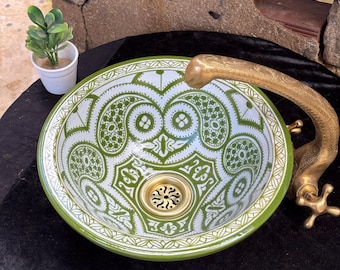 Custom Green Moroccan Ceramic Sink - Handmade Vessel Sink – Artisan Clay Bathroom Lavabo .