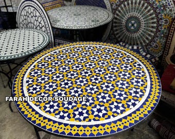 Handmade Moroccan Mosaic Table - Blue & Yellow Zellige Tile - Round Outdoor Accent .
