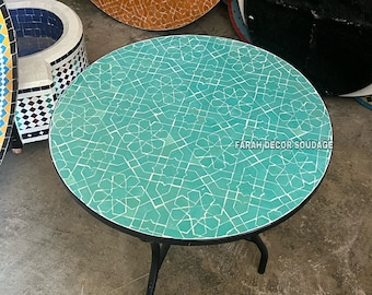 Unique Moroccan Mosaic Table | Handmade Round Zellige Table | Indoor Outdoor Bistro Furniture .