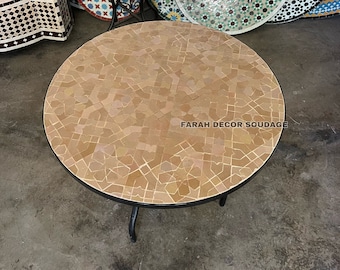 Moroccan Mosaic Coffee Table, Natural Brown Zellige Tile Round Table, Boho Mediterranean Patio Furniture