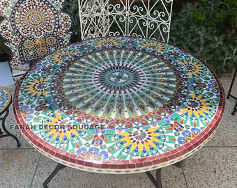 Colorful Round Mosaic Table | Handmade Moroccan Tile | Ornate Patio Furniture .