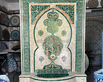 Moroccan Mosaic Fountain, Terrace Indoor Decor, Fountain for garden art, Tree of life Mosaic Fountain, Water inside fountain .