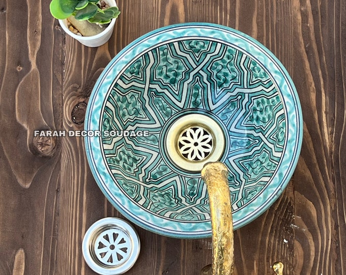 Featured listing image: Green Bathroom vessel sink - Moroccan Ceramic Sink - handmade hand painted Pottery sink - Moroccan washbasin .