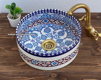 Blue Moroccan Sink Washbasin Wash Basin Ceramic Handmade Hand Painted - Mid-Century Modern Vanity Sink  .