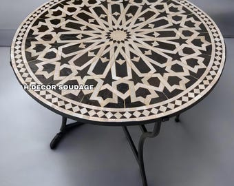 Brown Moroccan Zellige Mosaic Table, Handmade Round Patio Coffee Table, Terracotta Outdoor Garden Table, Rustic Boho Decor .