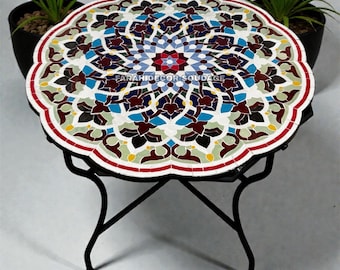 Handmade Moroccan Mosaic Table - Custom Round Tile Outdoor Dining Table - Moorish Zellige .