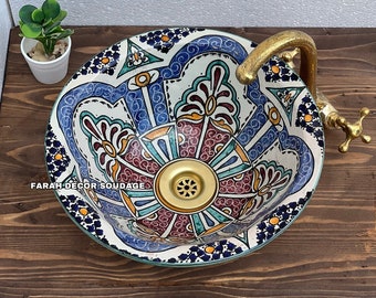 Bathroom Vessel Sink - Moroccan Sink Washbasin Wash Basin Ceramic Handmade Hand Painted -  Moroccan Pottery washbasin