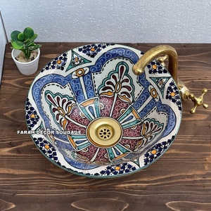 Bathroom Vessel Sink - Moroccan Sink Washbasin Wash Basin Ceramic Handmade Hand Painted -  Moroccan Pottery washbasin
