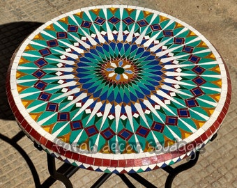 Handcrafted Round Moroccan Outdoor/ Indoor Mosaic Table , Complicated Mosaic Pattern multi-colored Table , Bistro Table