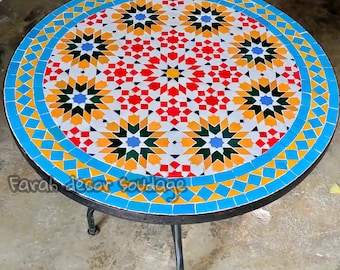 Moroccan Blue Mosaic Bistro Table – Handmade Zellige Garden Table – Round Patio Coffee Table – Custom Size .
