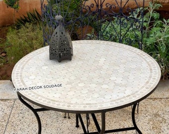 Handmade Moroccan Mosaic Table, White and Beige Round Tile Table Top For Outdoor or Indoor living , Bistro Mosaic Table