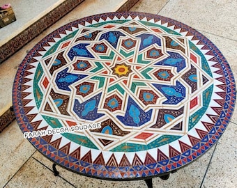 Moroccan Moorish Mosaic Table Handmade , Handcrafted Round Moroccan Outdoor/ Indoor Mosaic , Mosaic Table, Multi-Color  , zellige table .