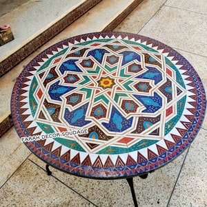 Moroccan Moorish Mosaic Table Handmade , Handcrafted Round Moroccan Outdoor/ Indoor Mosaic , Mosaic Table, Multi-Color  , zellige table .