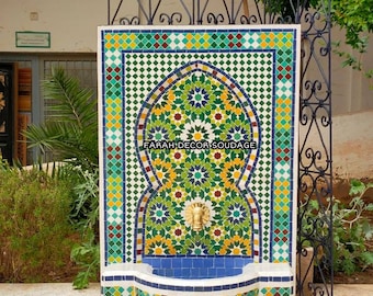 Green Moroccan Mosaic Wall Fountain - Handmade Tile Fountain for Garden & Indoor - Moorish Water Feature .