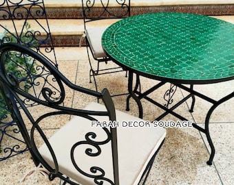 Emerald Green Mosaic Table And Chairs from Morocco For Outdoor Indoor Mid century Living, Bistro Mosaic Table, Round Moroccan garden Table.