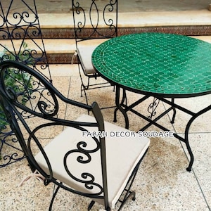 Emerald Green Mosaic Bistro Table and Iron Chairs - Moroccan Outdoor/Indoor Zellige Tile Table
