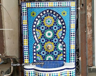 Moroccan Tile Fountain, Moroccan Mosaic Fountain, Turquoise Wall mosaic fountain, Garden and Indoor fountain, wall water fountain .