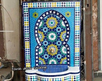 Moroccan Tile Fountain, Moroccan Mosaic Fountain, Turquoise Wall mosaic fountain, Garden and Indoor fountain, wall water fountain .