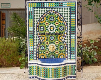Garden Mosaic Fountain, Green Moroccan Mosaic Tile Fountain, Moroccan Mosaic Fountain, Wall Water mosaic fountain