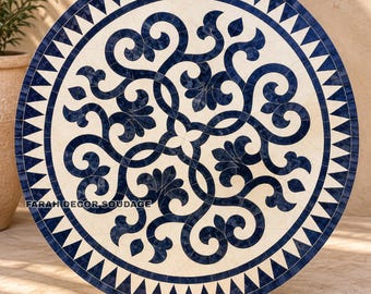 Custom Blue White Mosaic Table – Moroccan Floral Zellige Tile Art – Made to Order .