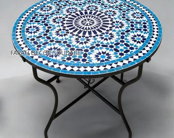 Moroccan Zellige Mosaic Table, Round Patio Bistro Table, Handmade Outdoor Garden Coffee Table, Moroccan Decor .