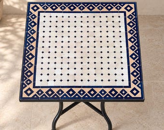 Moroccan Zellige Mosaic Coffee Table | Handmade Blue & Cream Tile Top | Square Bistro Table .