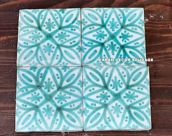 Green Moroccan Ceramic Tiles, Hand-Painted 4x4 Floral Wall Tile, Aqua Kitchen Backsplash Decor