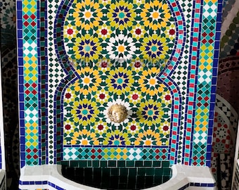 Personalized Mosaic Tile Fountain, Moorish Tile Fountain Artwork, Brass plated Fountain, Fountain for Outdoor Indoor .