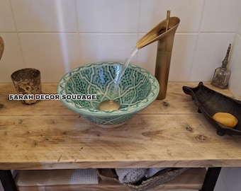 Bathroom vessel sink - Green Moroccan Sink Washbasin Wash Basin Ceramic Handmade Hand Painted - handmade Ceramic sink