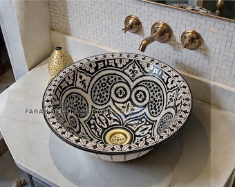 Hand Painted Black and White Moroccan Ceramic Sink, Handmade Vessel Washbasin, Artisan Vanity Basin .