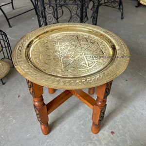 Moroccan Brass Table , Brass Tea table , Moroccan Arabesque Engraved Carved Polished Brass Tray Folding Table , Moroccan decor , Brass trays