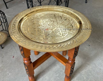 Moroccan Brass Table , Brass Tea table , Moroccan Arabesque Engraved Carved Polished Brass Tray Folding Table , Moroccan decor , Brass trays