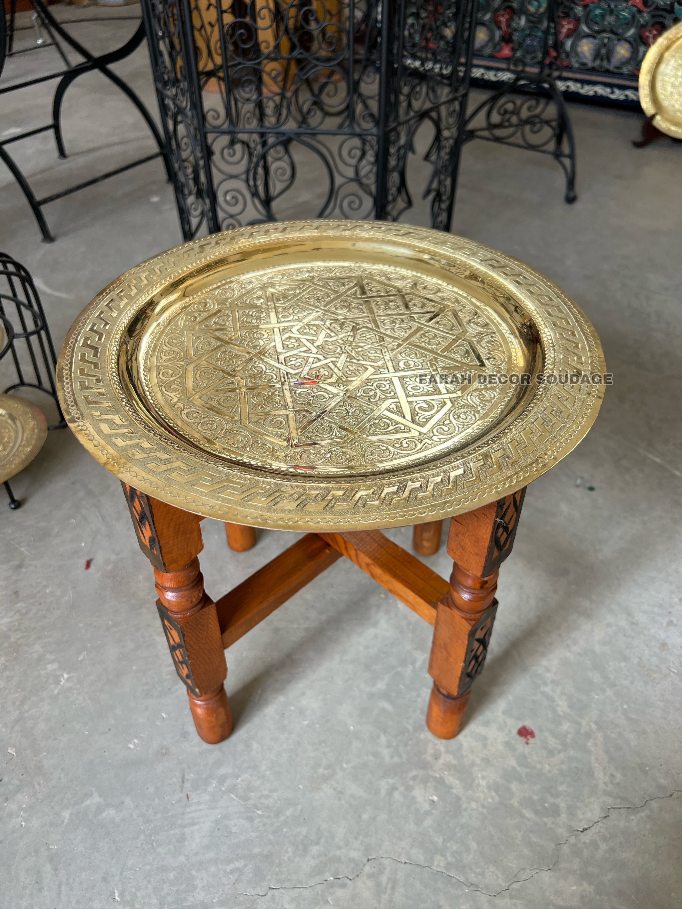Moroccan Traditional Tea Table Engraved Brass Tray Top Folding
