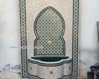 Handmade Moroccan Zellige Wall Fountain, Beige White Mosaic Water Feature, Outdoor Patio Fountain, Garden Decor .