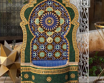 Moroccan Mosaic Fountain | Handmade Zellige Water Feature | Indoor & Outdoor Garden Decor (48 x 32 Inch) .