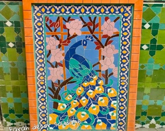 Handmade Moroccan Zellige - Moroccan Mosaic Wall Decor - Brids Tree Wall Decor - Brids Wall Mosaic Art - Wood Frame - Moroccan Decor .